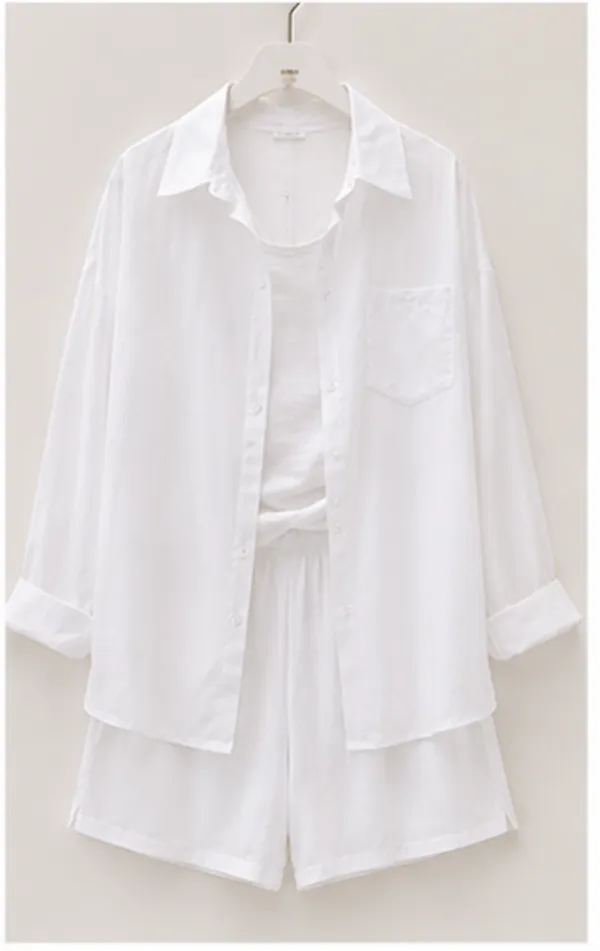 White_Cotton_Relaxed_Collared_Shirt_And_Shorts_Set_For_Women