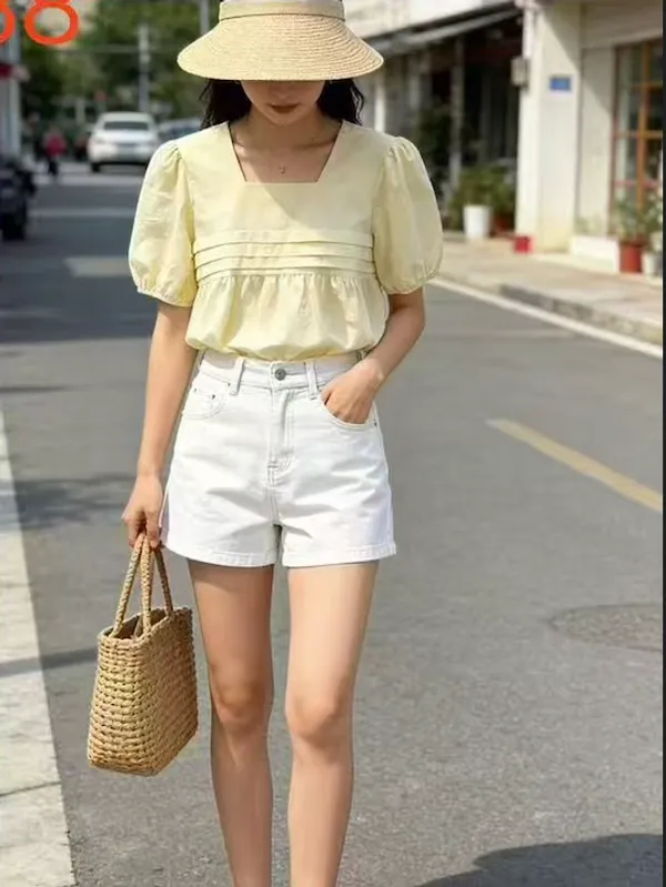 Pale_Yellow_Cotton_Puff_Sleeve_Square_Neck_Top_For_Women