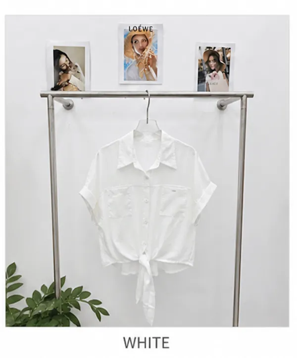 White_Cotton_Relaxed_Tie_Front_Short_Sleeve_Shirt_For_Women