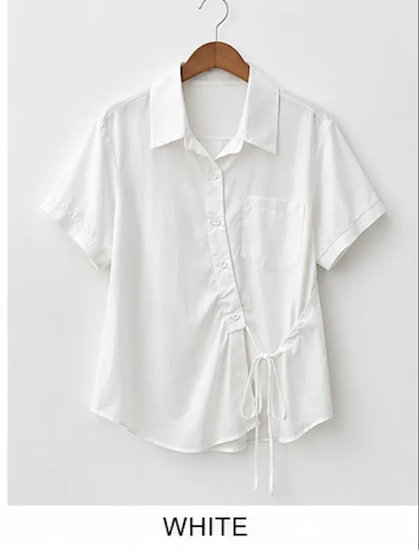 White_Cotton_Drawstring_Waist_Short_Sleeve_Shirt_For_Women