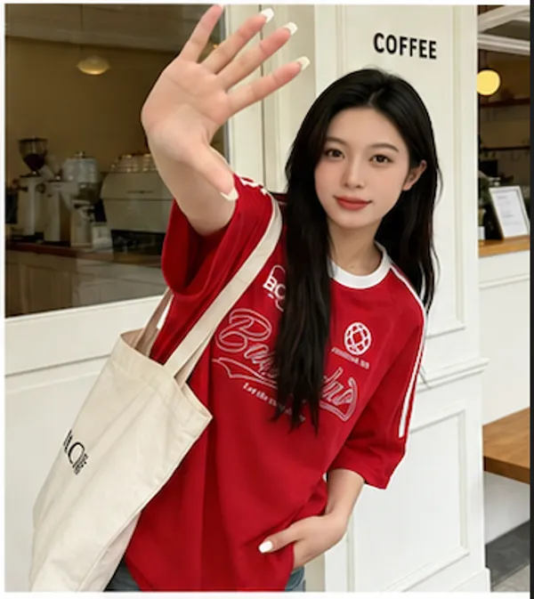 Red_Cotton_Blend_Varsity_Style_T_Shirt_For_Women