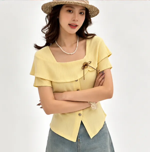 Yellow_Cotton_Ruffled_Square_Neck_Button_Down_Crop_Top_For_Women