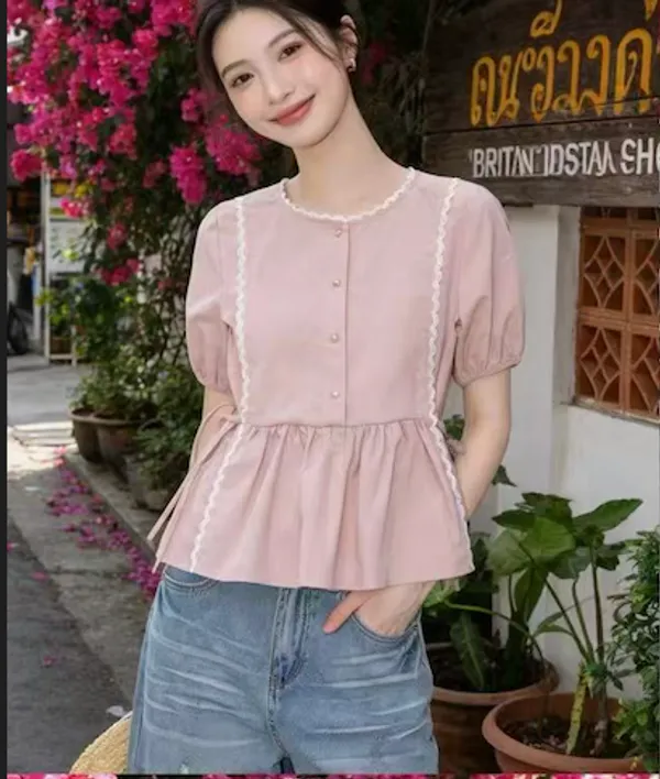 Pink_Cotton_Puff_Sleeve_Peplum_Top_For_Women