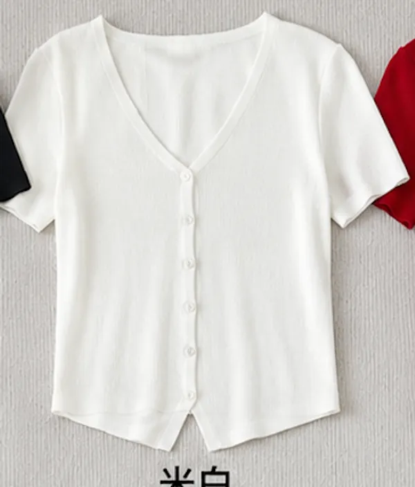 White_Cotton_Half_Sleeve_Button_Front_Crop_Top_For_Women