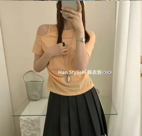 Peach_Cotton_Round_Neck_Short_Sleeve_Crop_Top_For_Women
