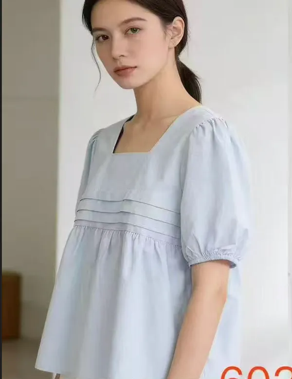 Light_Blue_Cotton_Puff_Sleeve_Empire_Waist_Top_For_Women