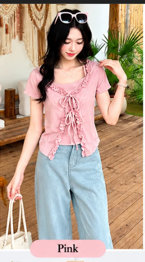 Pink_Cotton_Ruffle_Neck_Short_Sleeve_Crop_Top_For_Women