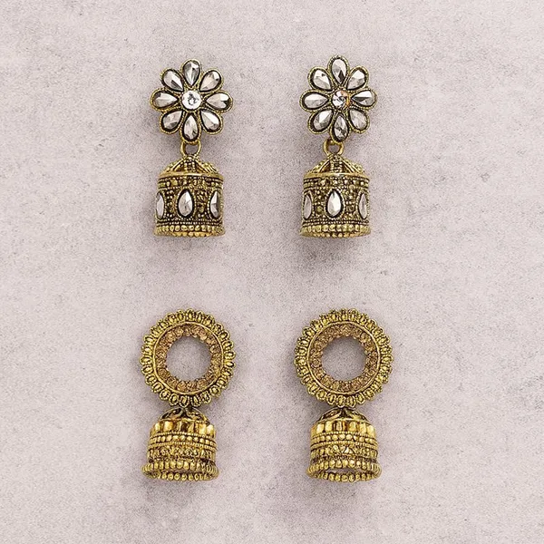 Antique_Gold_Alloy_Kundan_Floral_Jhumka_Earring_Set_For_Women_Pack_Of_3