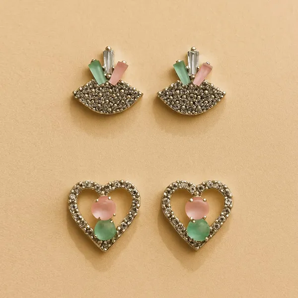 Silver_Alloy_Heart_Geometric_Pink_Green_Stone_Stud_Earrings_Set_For_Women_Pack_Of_3