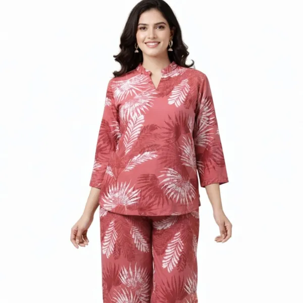 Coral_Rayon_Leaf_Print_Straight_Co_Ord_Set_For_Women