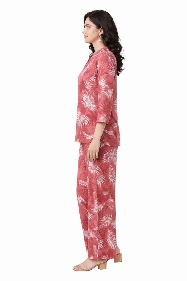 Coral_Rayon_Leaf_Print_Straight_Co_Ord_Set_For_Women