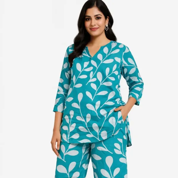 Teal_Rayon_Leaf_Print_Relaxed_Co_Ord_Set_For_Women