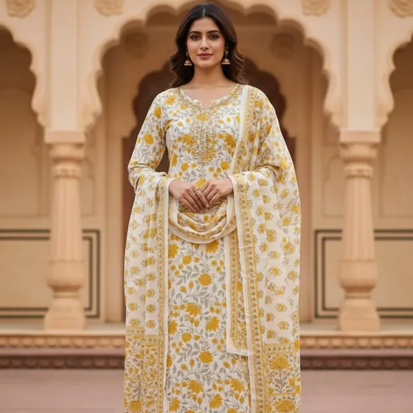 Mustard_Cotton_Floral_Straight_Kurti_Pant_Dupatta_Set_For_Women