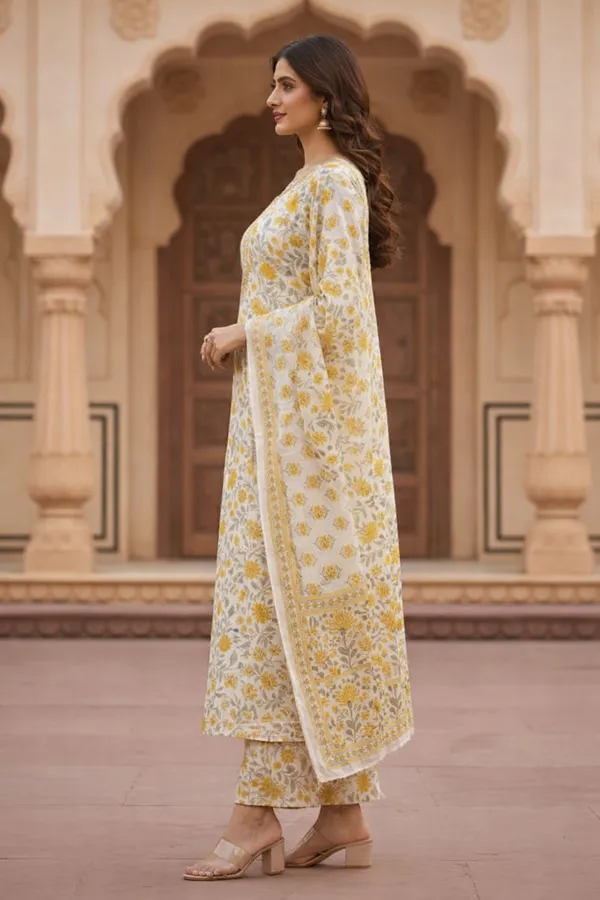 Mustard_Cotton_Floral_Straight_Kurti_Pant_Dupatta_Set_For_Women