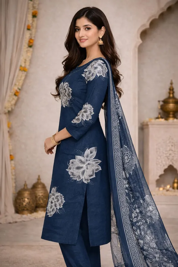 Navy_Blue_Cotton_Floral_Straight_Kurti_Set_With_Dupatta_For_Women