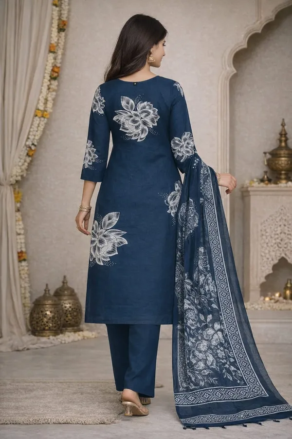 Navy_Blue_Cotton_Floral_Straight_Kurti_Set_With_Dupatta_For_Women
