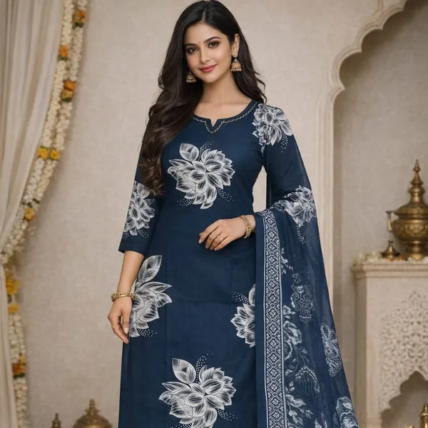Navy_Blue_Cotton_Floral_Straight_Kurti_Set_With_Dupatta_For_Women