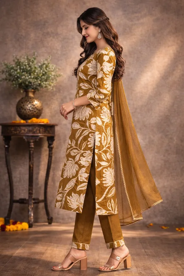 Brown_Cotton_Floral_Print_Straight_Suit_Set_With_Dupatta_For_Women