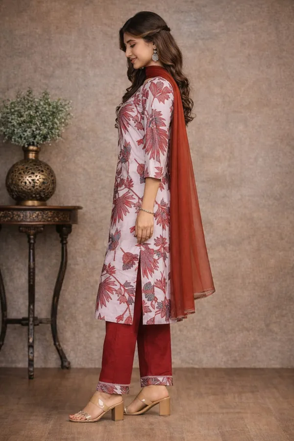 Blush_Pink_Cotton_Floral_Print_Kurti_Set_With_Dupatta_For_Women