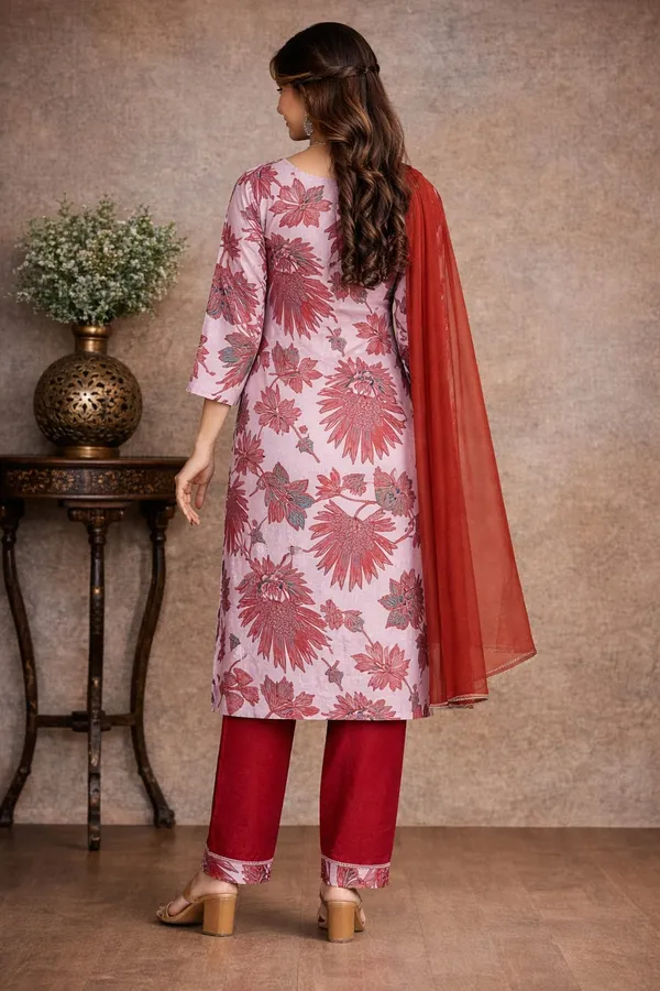 Blush_Pink_Cotton_Floral_Print_Kurti_Set_With_Dupatta_For_Women