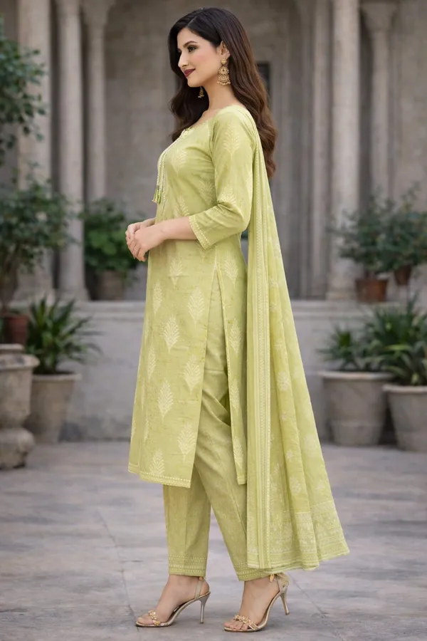 Lime_Green_Cotton_Woven_Motif_Straight_Kurti_Set_With_Dupatta_For_Women