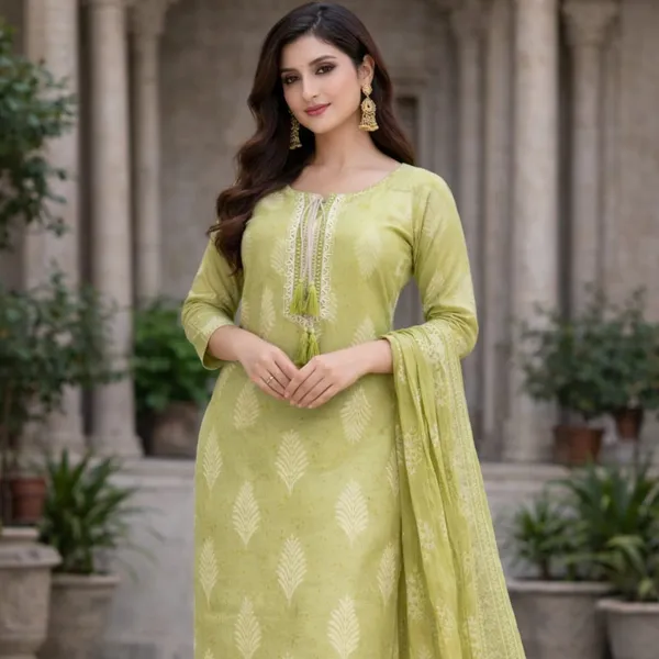 Lime_Green_Cotton_Woven_Motif_Straight_Kurti_Set_With_Dupatta_For_Women