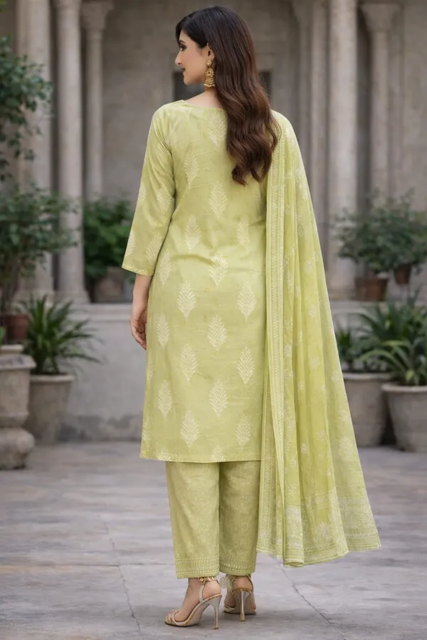Lime_Green_Cotton_Woven_Motif_Straight_Kurti_Set_With_Dupatta_For_Women