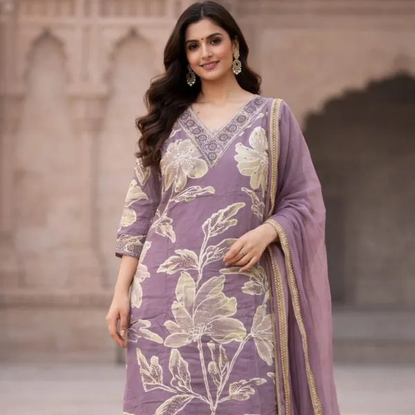 Mauve_Cotton_Floral_Kurti_Set_With_Dupatta_For_Women