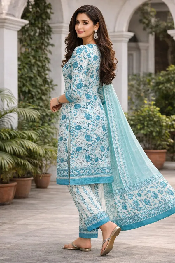 Teal_Cotton_Floral_Straight_Kurti_Set_With_Dupatta_For_Women
