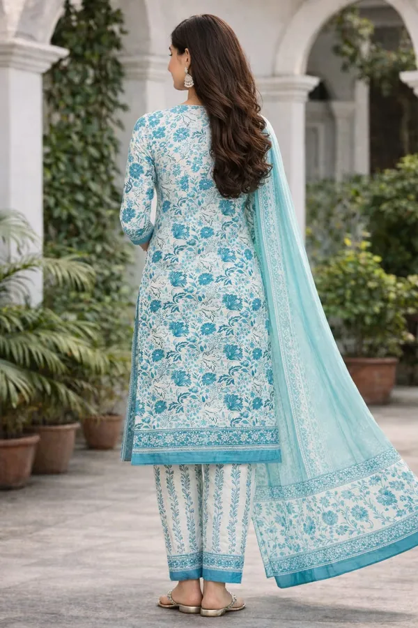 Teal_Cotton_Floral_Straight_Kurti_Set_With_Dupatta_For_Women