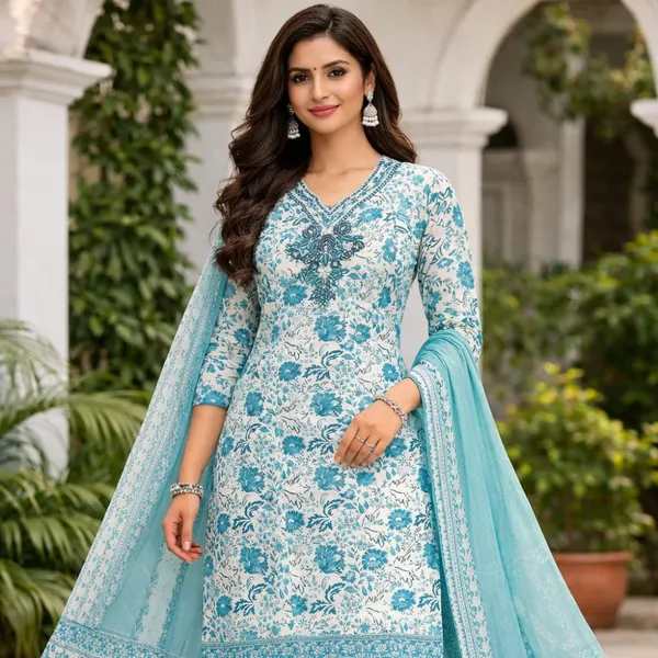 Teal_Cotton_Floral_Straight_Kurti_Set_With_Dupatta_For_Women