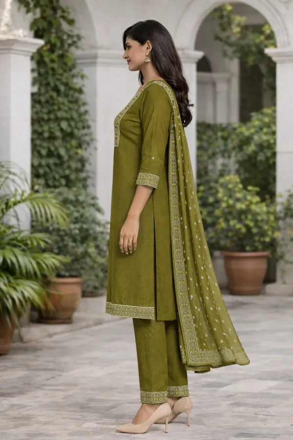 Olive_Green_Cotton_Straight_Kurti_Set_With_Dupatta_For_Women
