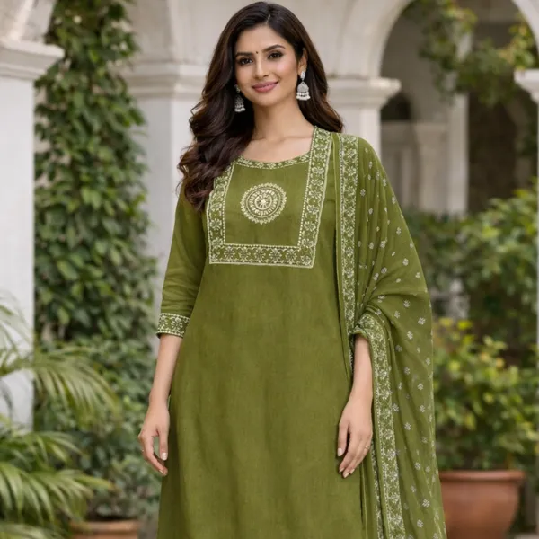 Olive_Green_Cotton_Straight_Kurti_Set_With_Dupatta_For_Women