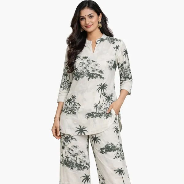 Teal_Rayon_Straight_Palm_Print_Co_Ord_Set_For_Women