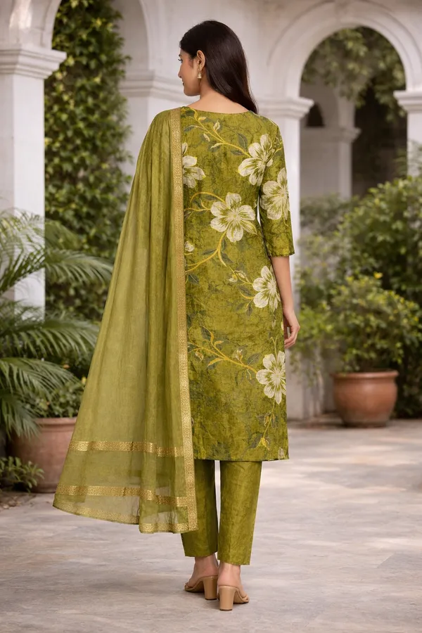Olive_Cotton_Floral_Kurti_Set_With_Dupatta_For_Women