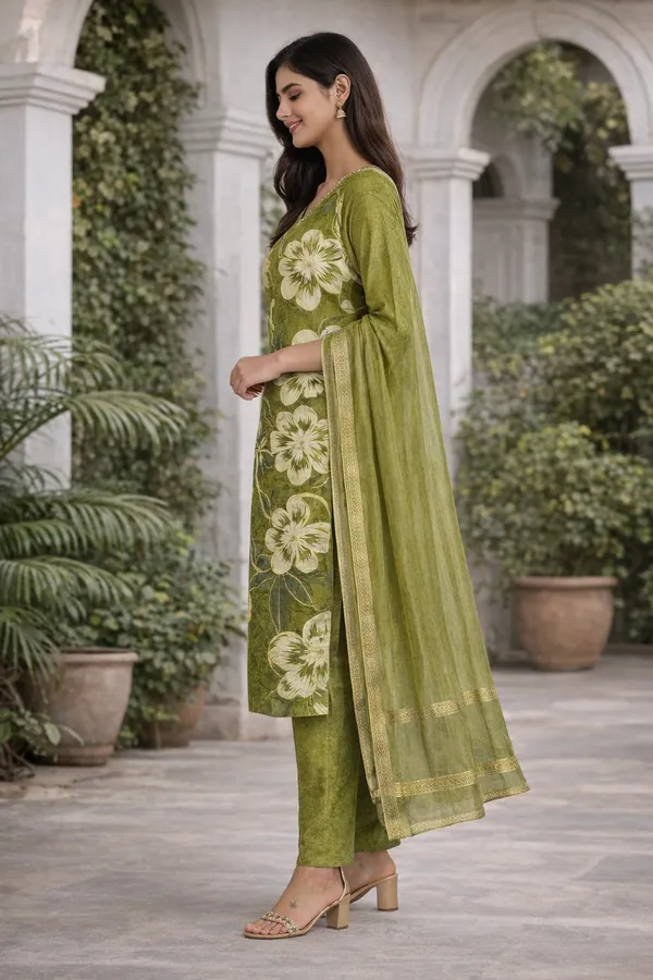 Olive_Cotton_Floral_Kurti_Set_With_Dupatta_For_Women