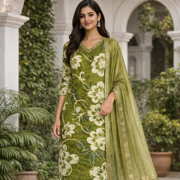 Olive_Cotton_Floral_Kurti_Set_With_Dupatta_For_Women