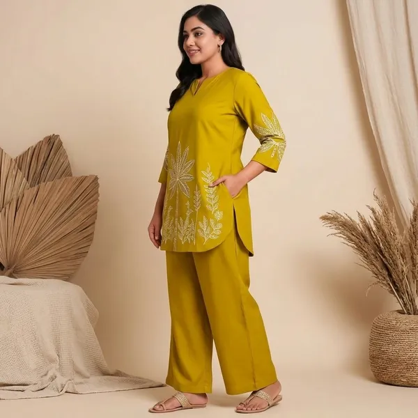 Mustard_Yellow_Rayon_Botanical_Print_Co_Ord_Set_For_Women