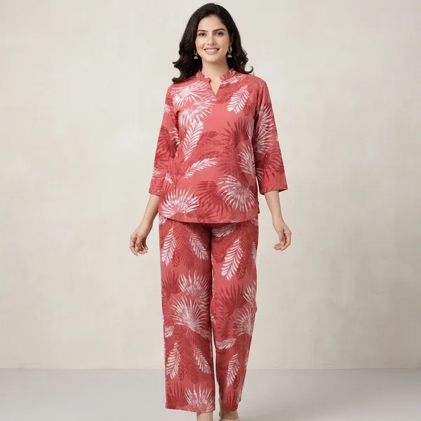 Coral_Rayon_Leaf_Print_Straight_Co_Ord_Set_For_Women