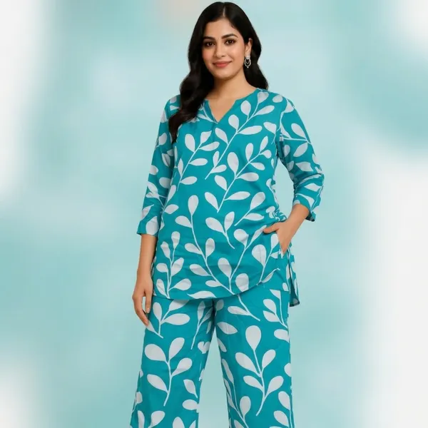 Teal_Rayon_Leaf_Print_Relaxed_Co_Ord_Set_For_Women