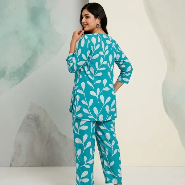 Teal_Rayon_Leaf_Print_Relaxed_Co_Ord_Set_For_Women