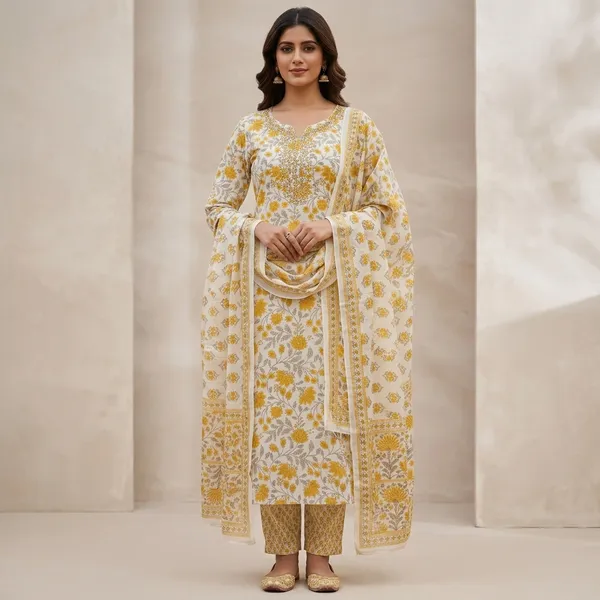 Mustard_Cotton_Floral_Straight_Kurti_Pant_Dupatta_Set_For_Women