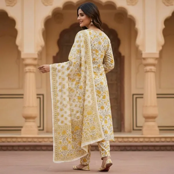 Mustard_Cotton_Floral_Straight_Kurti_Pant_Dupatta_Set_For_Women