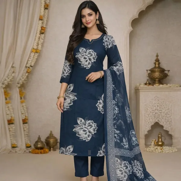 Navy_Blue_Cotton_Floral_Straight_Kurti_Set_With_Dupatta_For_Women