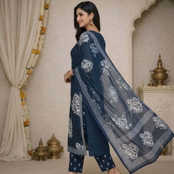 Navy_Blue_Cotton_Floral_Straight_Kurti_Set_With_Dupatta_For_Women