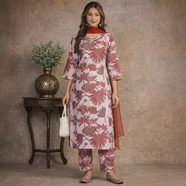 Blush_Pink_Cotton_Floral_Print_Kurti_Set_With_Dupatta_For_Women