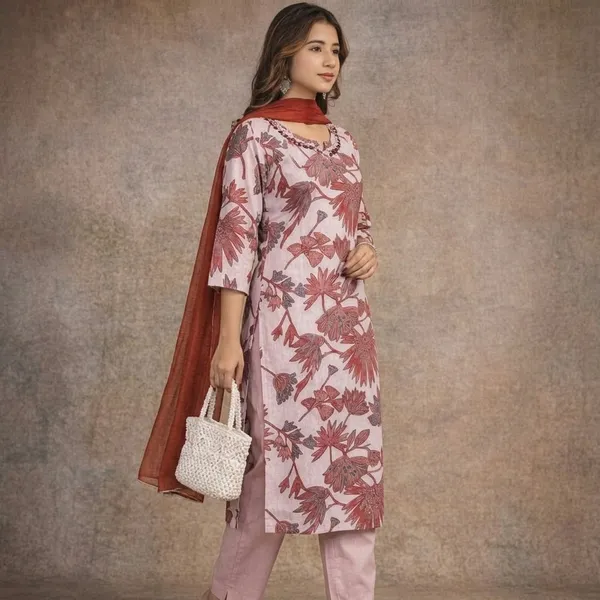 Blush_Pink_Cotton_Floral_Print_Kurti_Set_With_Dupatta_For_Women