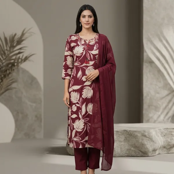 Wine_Cotton_Floral_Straight_Kurti_Set_With_Dupatta_For_Women
