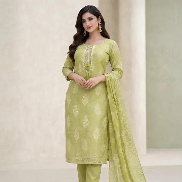 Lime_Green_Cotton_Woven_Motif_Straight_Kurti_Set_With_Dupatta_For_Women