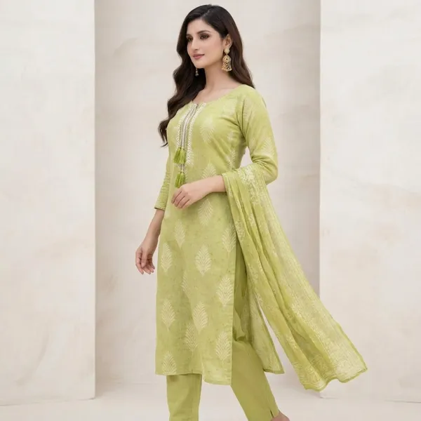 Lime_Green_Cotton_Woven_Motif_Straight_Kurti_Set_With_Dupatta_For_Women